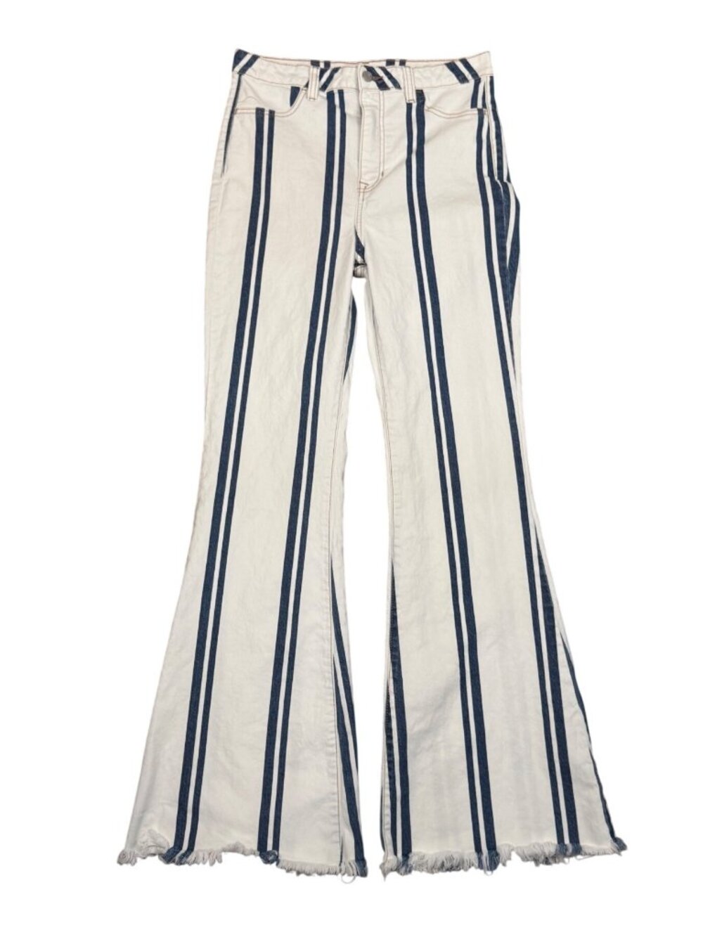 Cello White Blue Striped Flare Jeans Womens Size 13 High Rise Frayed Hem Boho Re